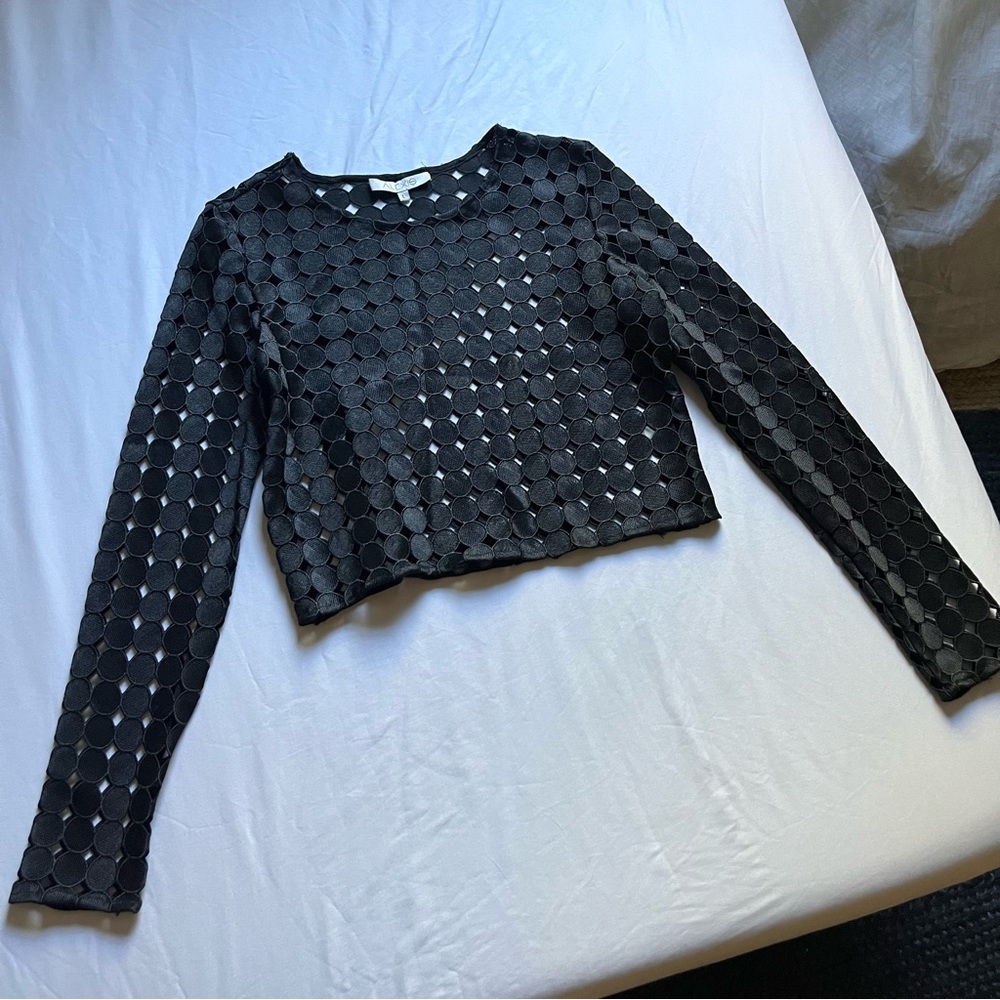 ALEXIS black open lace cropped long sleeve top